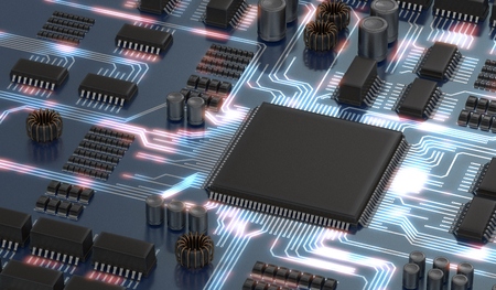 3D rendered illustration of electronical circuit with microchip or processor and glowing signals....