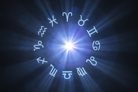 3D rendered illustration of glowing astrology zodiac signs on starry dark background.の写真素材