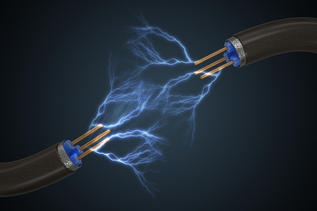 High voltage concept. Electricity sparkles from cable. 3D rendered illustration.の写真素材