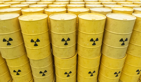 Many radioactive waste barrels. Nuclear waste dumping concept. 3D rendered illustration.の写真素材