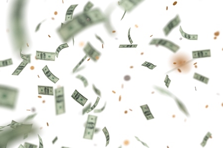 Money raining and falling down. Isolated on white background. 3D rendered illustration.の写真素材