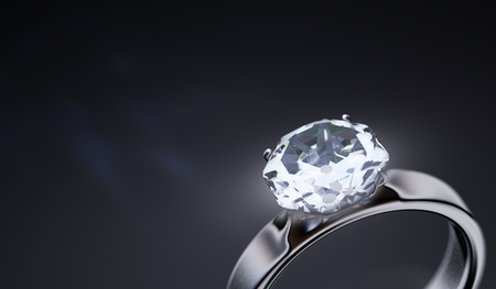 Luxury silver ring with diamond on black background. 3D rendered illustration.の写真素材