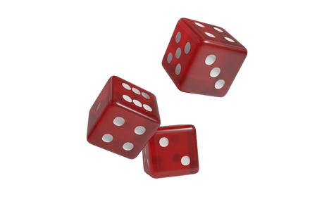 Three dice falling down isolated on white background. 3D rendered illustration.の写真素材