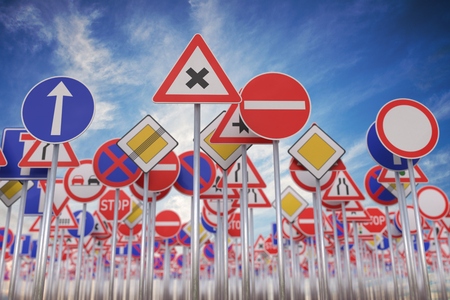 Many road signs against blue sky. 3D rendered illustration.の写真素材