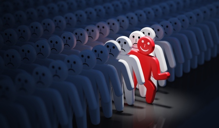 One happy man is out of crowd of many sad people. 3D rendered illustration.の写真素材