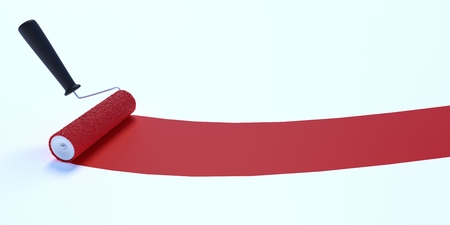 Paint roller with red color. Isolated on white background. 3D rendered illustration.の写真素材
