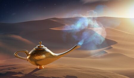 Magical Aladdin oil lamp with genie in desert. 3D rendered illustration.の写真素材