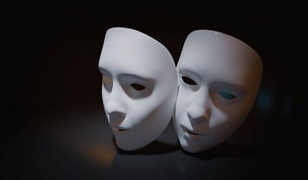 White theater masks on black background. 3D rendered illustration.の写真素材