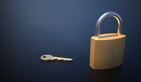Key next to padlock. Safety and security concept. 3D rendered illustration.の写真素材