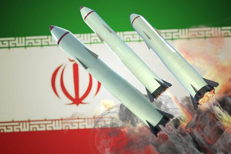 Launch of missiles. Iran flag in background. 3D rendered illustration.の写真素材