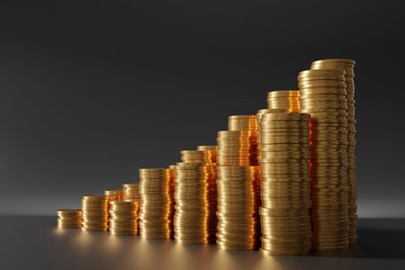 Investment and earnings growth concept. Coins in stacks. 3D rendered illustration.