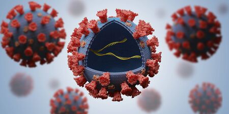 Many viruses with RNA molecule inside. Infection concept. 3D rendered illustration.