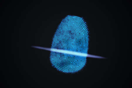 Scanning fingerprint from finger. Biometric and security concept. 3D rendered illustration.