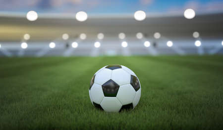 Soccer or football ball on stadium. 3D rendered illustration.の写真素材