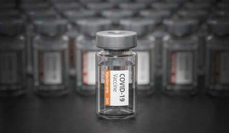 Many medical bottles with COVID-19 vaccine. Vaccination against SARS-COV-2 concept. 3D rendered...