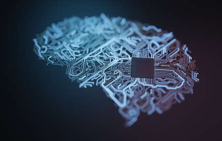 Electronic circuit of brain shape. Artificial intelligence concept. 3D rendered illustration.