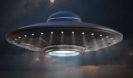 UFO alien spaceship at night. 3D rendered illustration.の写真素材