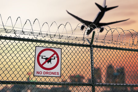 No drone zone sign near airport warning about restricted no fly area. 3D rendered illustration.の写真素材