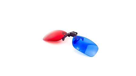 Plastic clip of blue and red three dimensional glasses isolated