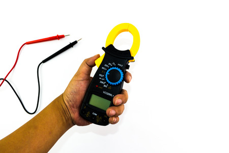 Yellow Clamp meter with black body isolated on white backgroundの写真素材