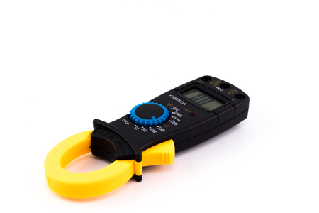 Yellow Clamp meter with black body isolated on white backgroundの写真素材