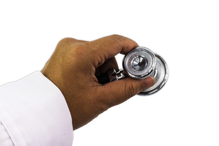 Metal silver Stethoscope with black tube in doctor handの写真素材