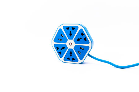 Blue Hexagon electric outlet with USB socket port connector isolated on white backgroundの写真素材