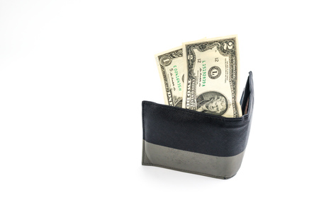 US dollar bank note in the men's wallet isolated on white backgroundの写真素材