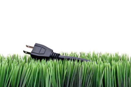 An electrical power cord on green grassの写真素材