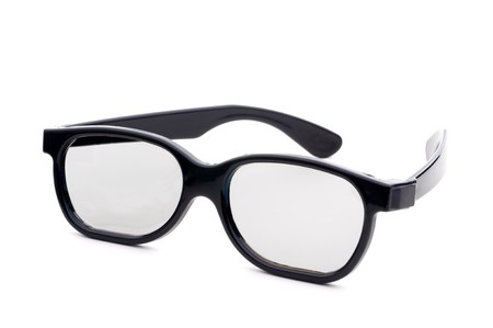 Black eye-glasses with tinted lenses on a white backgroundの写真素材