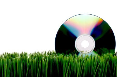 Compact computer data disk on green grass with a white backgroundの写真素材