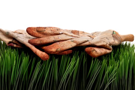 A horizontal view of old worn workgloves on green grassの写真素材