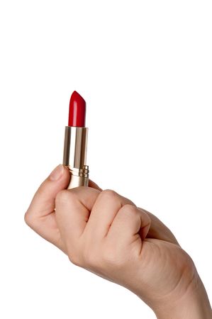A vertical image of a womans hand holding red lipstickの写真素材