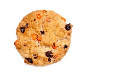 a single chocolate chip cookie on white