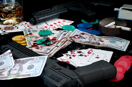 guns and splattered blood on a card game: cheating at gamblingのeditorial素材