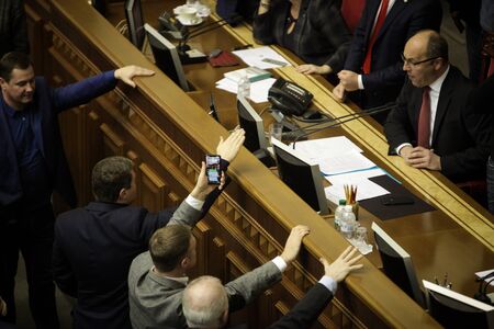 11.26.2018 Ukraine. Kiev. Verkhovna Rada of Ukraine. Voting for the martial law in Ukraine. Deputies of the Ukrainian parliament argue about the need for a law on martial lawのeditorial素材