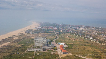 Shoreline photographed from drone. Sea, sand and hotels on the beach in the Odessa region. Ukraineの写真素材