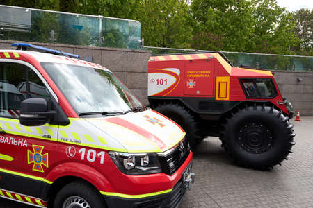 05.12.2021 Ukraine. Kyiv. Exhibition of the countrys safety. Sherp is a Ukrainian all-terrain...