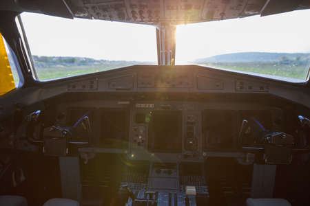 View from the cockpit of the aircraft on the runway. High quality photo