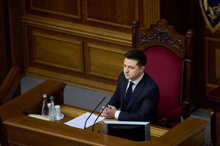 01.12.2021 Ukraine. Kyiv. President of Ukraine Volodymyr Zelensky in the Verkhovna Rada of Ukraine. High quality photoのeditorial素材