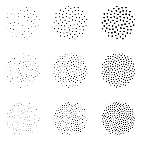 Halftone dotted circles isolated on the white background. Halftone effect vector pattern. Randomly distributed dots for your design.のイラスト素材