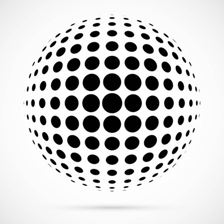 White 3D vector halftone sphere.Dotted spherical background.Logo template with shadow.Circle dots isolated on the white background.のイラスト素材