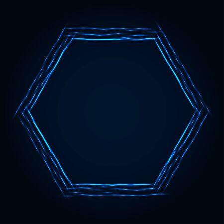 Abstract stipple background. Blue luminous lines. Azure glowing edge. Indigo light border. Ultramarine sparking particles. Colorful hexagon. Bright contour.のイラスト素材
