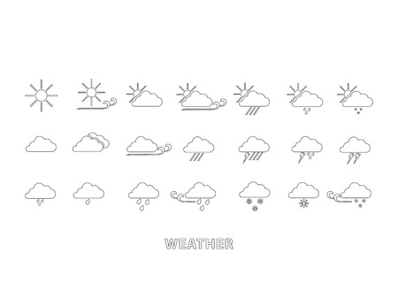 Weather icon set on white background. Sun, rain, winter, cloudy, and windy.のイラスト素材