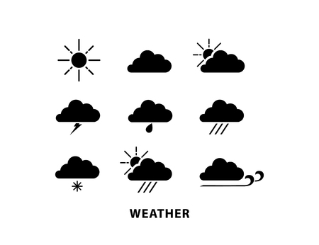 Weather icon set on white background. Sun, rain, winter, cloudy, and windy.のイラスト素材
