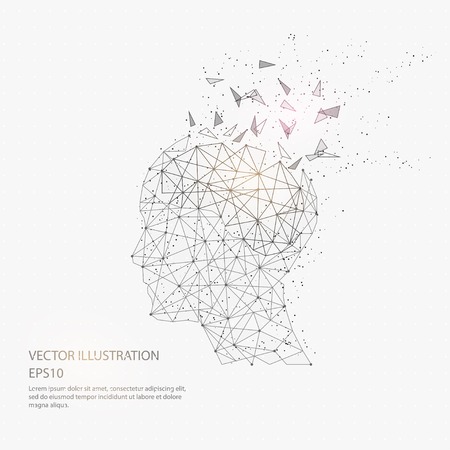 Digitally drawn thinkers head and brain black low poly wire frame on white background. Abstract connection lines polygon with geometry triangle.のイラスト素材