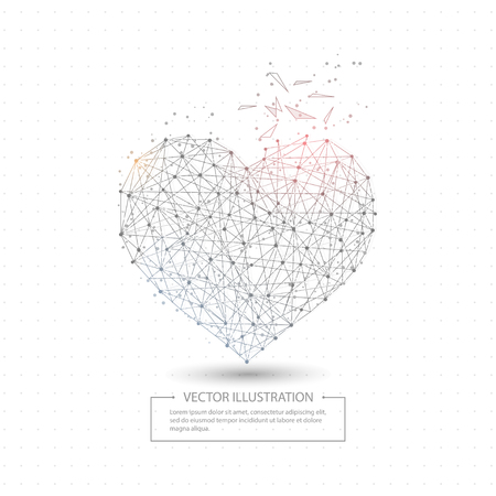 Digitally drawn love heart low poly wire frame on white background. Abstract connection lines polygon with geometry triangle.のイラスト素材