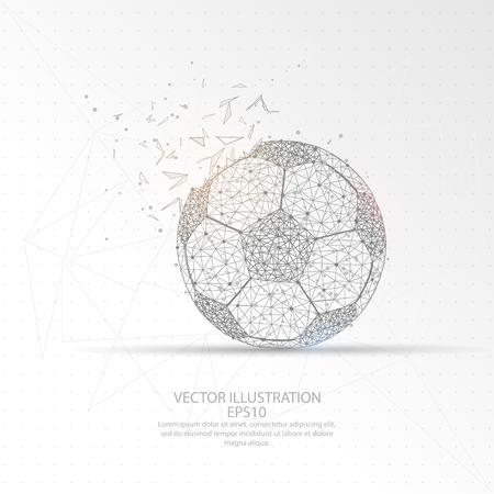 Broke and spread football ball with shadow digitally drawn low poly wire frame on white background.のイラスト素材