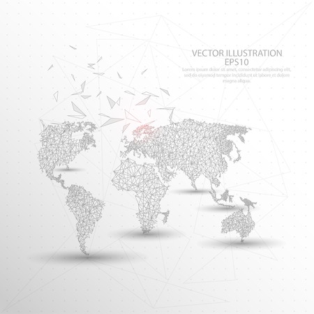 World map point, line and composition digitally drawn in the form of broken a part triangle shape and scattered dots low poly wire frame on white background.のイラスト素材