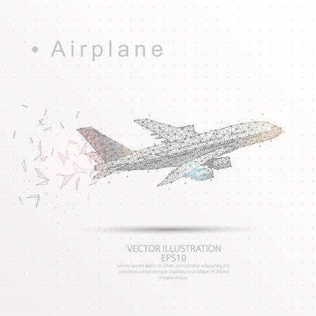 Airplane line and composition digitally drawn of triangle shape and scattered dots low poly wire frame on white background.のイラスト素材